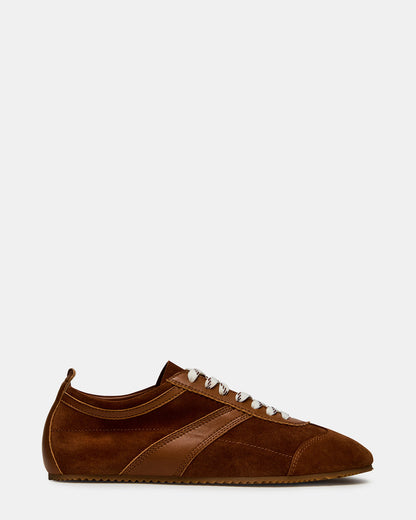 JUNA Cognac Suede Low-Top Lace-Up Stripe Men's Sneaker | Steve Madden Essential