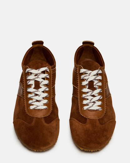 JUNA Cognac Suede Low-Top Lace-Up Stripe Men's Sneaker | Steve Madden Essential