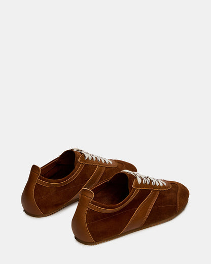 JUNA Cognac Suede Low-Top Lace-Up Stripe Men's Sneaker | Steve Madden Essential