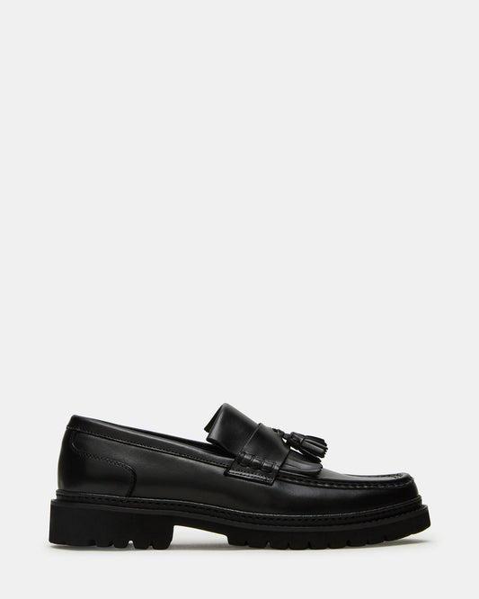 ARTHUS Black Leather Slip-On Tassel Men's Loafer | Steve Madden Classic