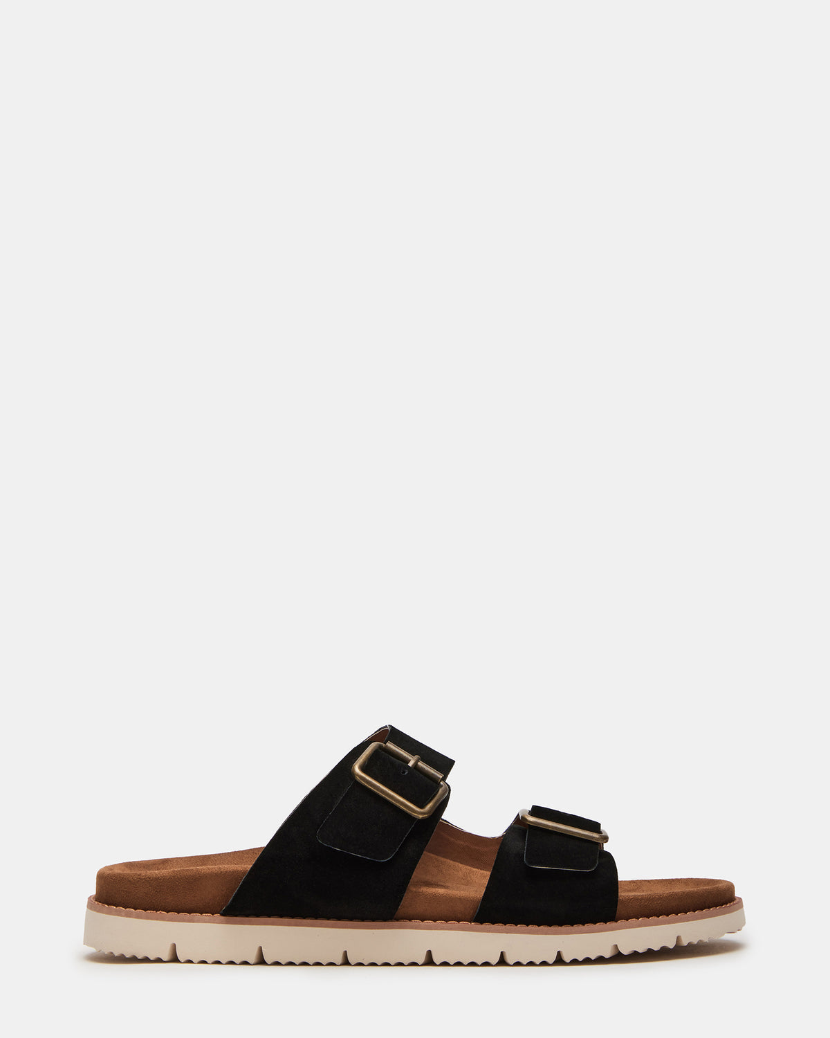 CORBAN Black Suede Men's Double Buckle Closure Footbed Sandal | Steve Madden Essential