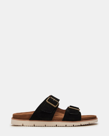 CORBAN Black Suede Men's Double Buckle Closure Footbed Sandal | Steve Madden Essential