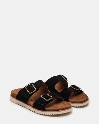 CORBAN Black Suede Men's Double Buckle Closure Footbed Sandal | Steve Madden Essential