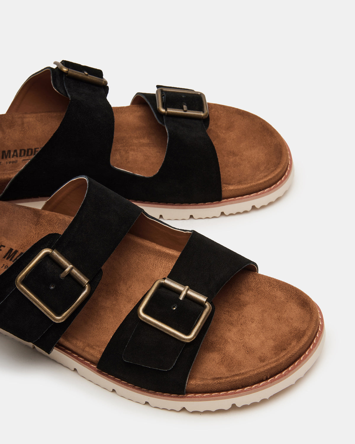 CORBAN Black Suede Men's Double Buckle Closure Footbed Sandal | Steve Madden Essential