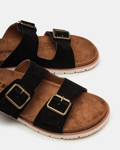 CORBAN Black Suede Men's Double Buckle Closure Footbed Sandal | Steve Madden Essential
