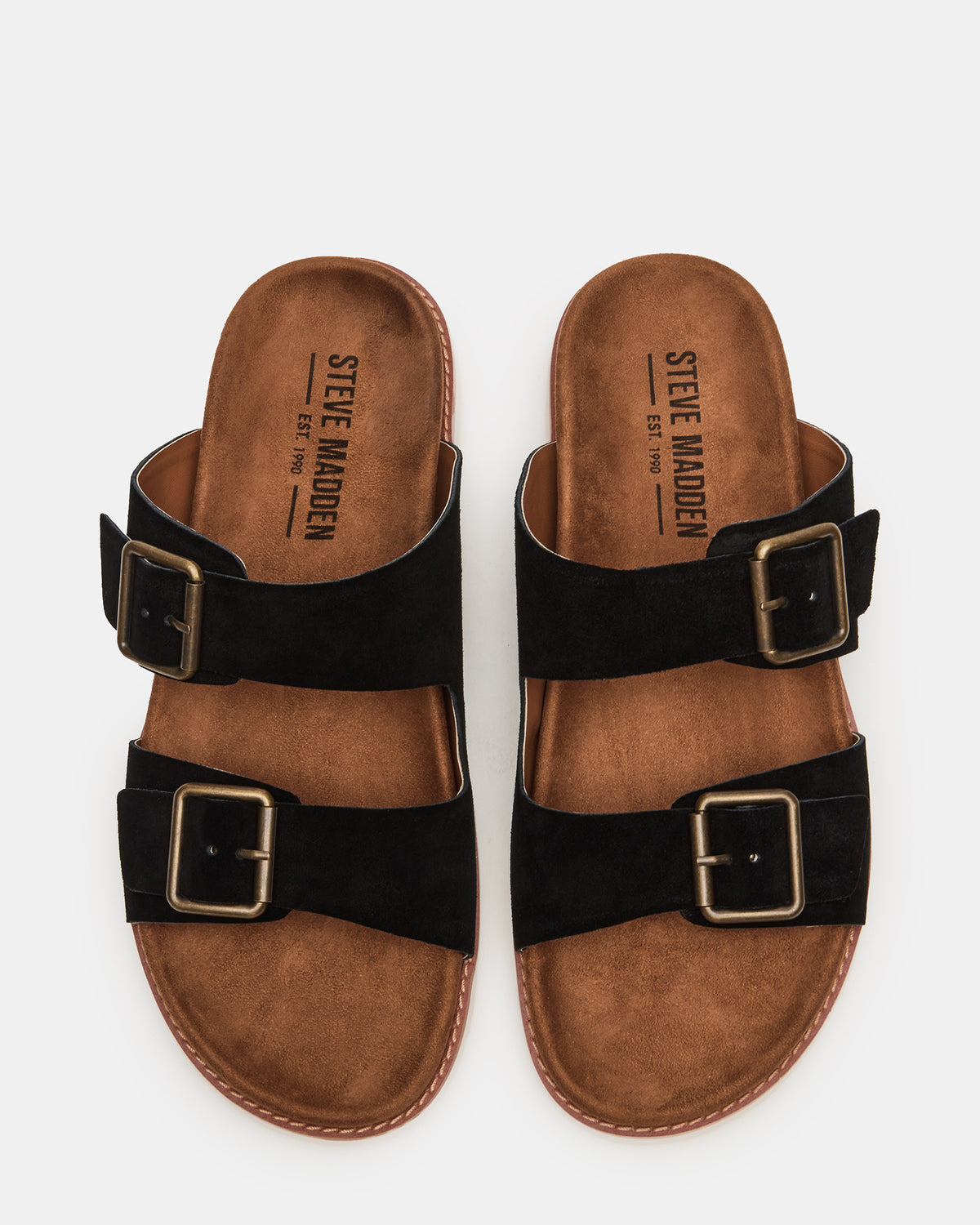 CORBAN Black Suede Men's Double Buckle Closure Footbed Sandal | Steve Madden Essential