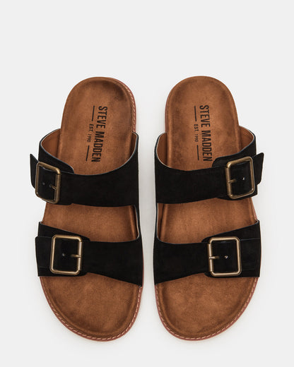 CORBAN Black Suede Men's Double Buckle Closure Footbed Sandal | Steve Madden Essential