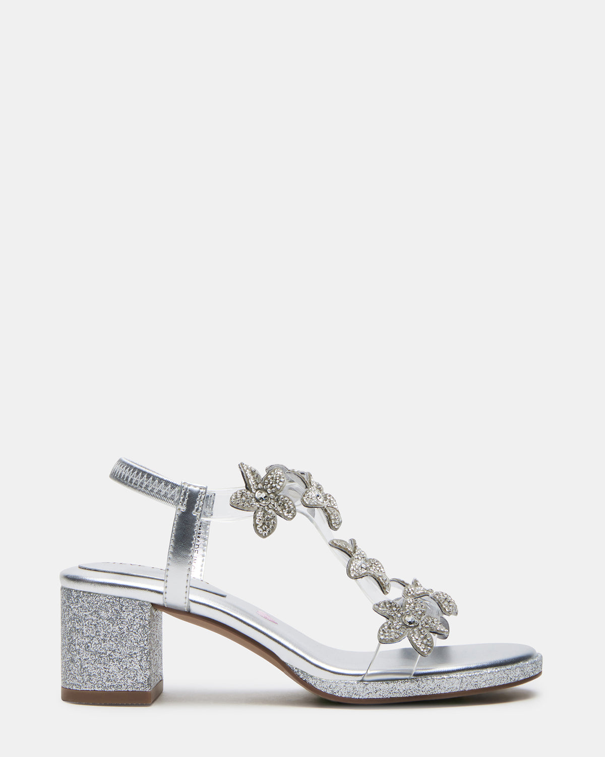 Kids' SAVVY Silver Girls' Strappy Rhinestone Block Heel | Steve Madden Top Pick