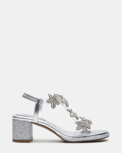 Kids' SAVVY Silver Girls' Strappy Rhinestone Block Heel | Steve Madden Top Pick