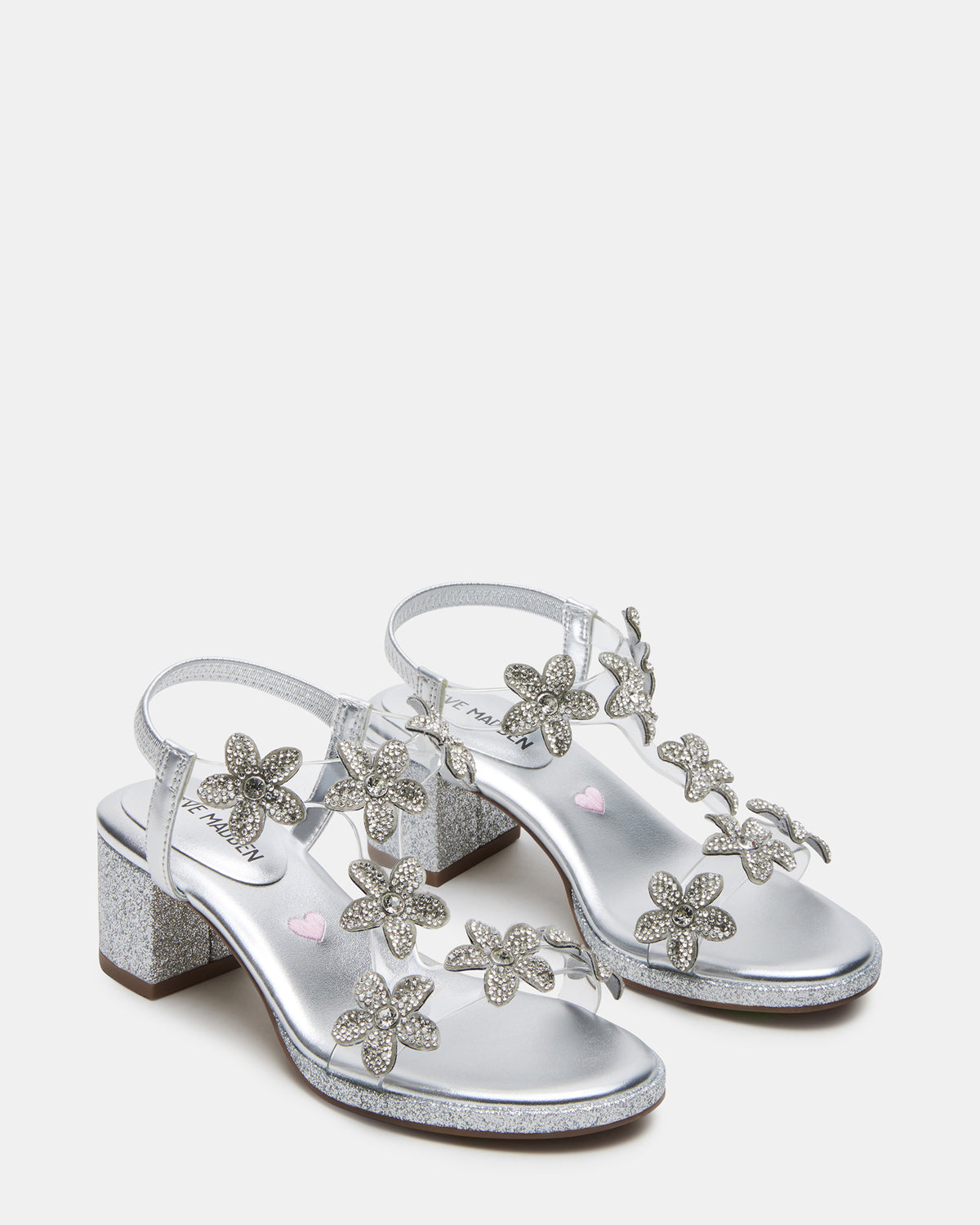 Kids' SAVVY Silver Girls' Strappy Rhinestone Block Heel | Steve Madden Top Pick