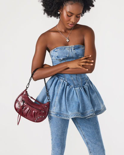 ERIKA Bag Wine Rhinestone Embellished Studded Crinkle Moto Crossbody Handbag | Steve Madden Great Value