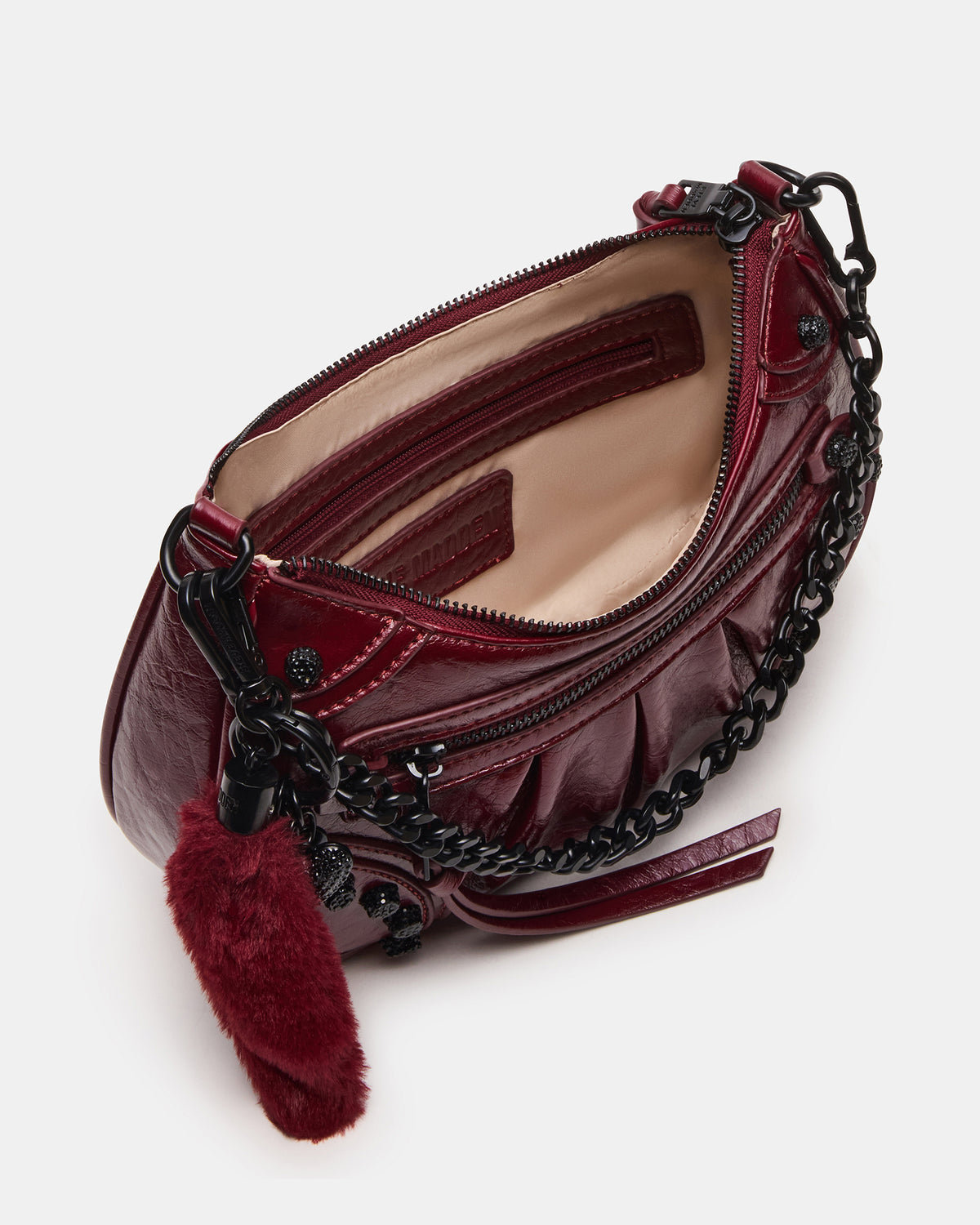 ERIKA Bag Wine Rhinestone Embellished Studded Crinkle Moto Crossbody Handbag | Steve Madden Great Value