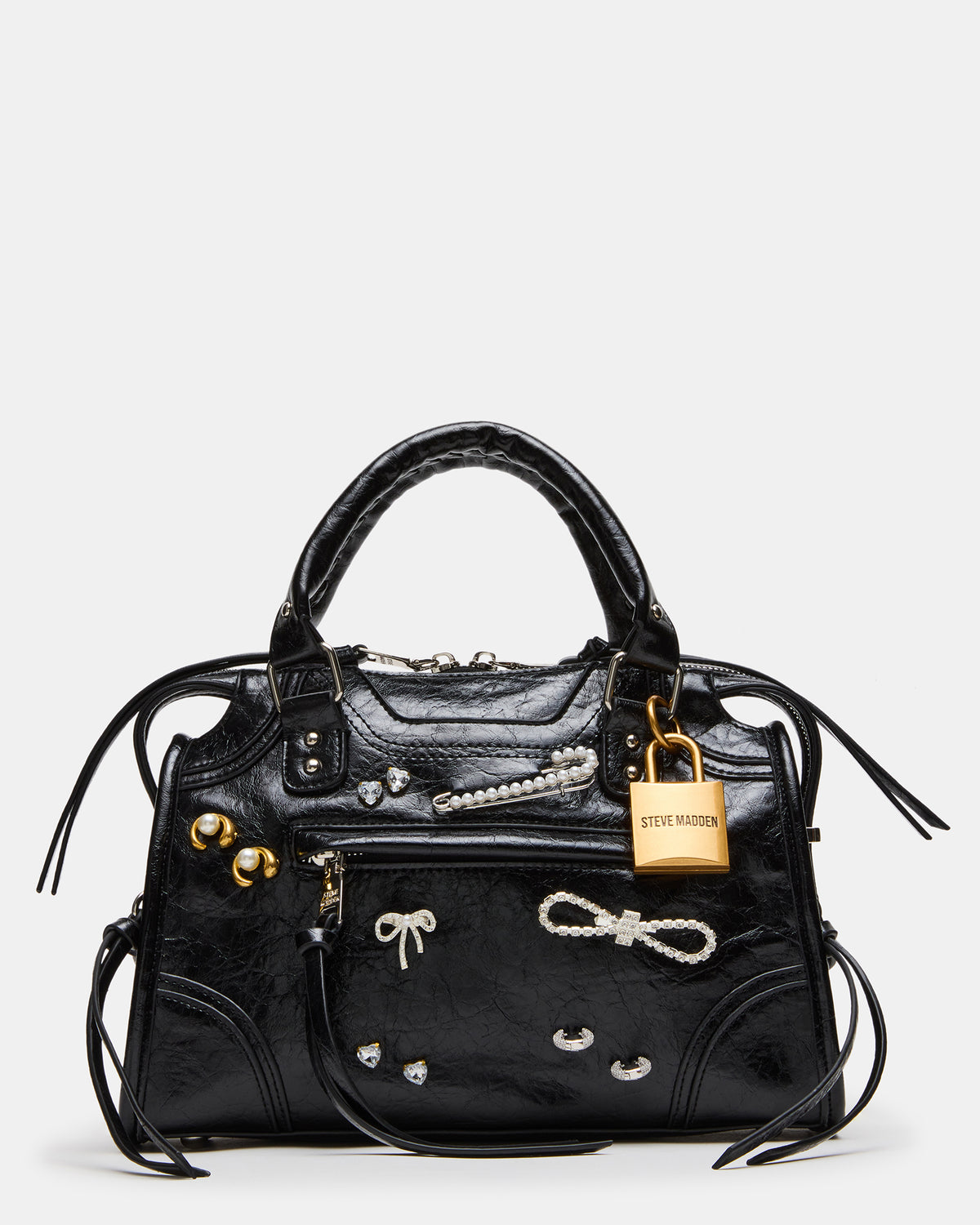 RIGGS Bag Embellished Black Distressed Slouchy Top-Handle Crossbody Satchel Handbag | Steve Madden Essential