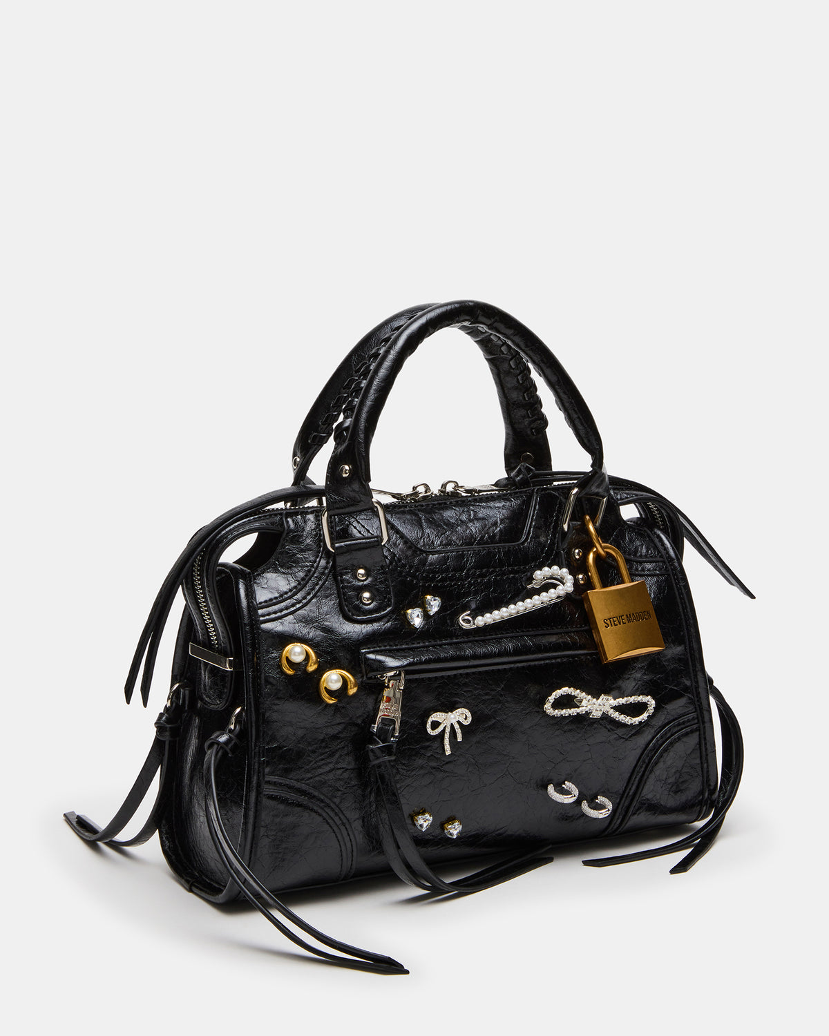 RIGGS Bag Embellished Black Distressed Slouchy Top-Handle Crossbody Satchel Handbag | Steve Madden Essential