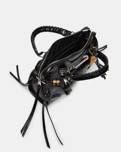 RIGGS Bag Embellished Black Distressed Slouchy Top-Handle Crossbody Satchel Handbag | Steve Madden Essential