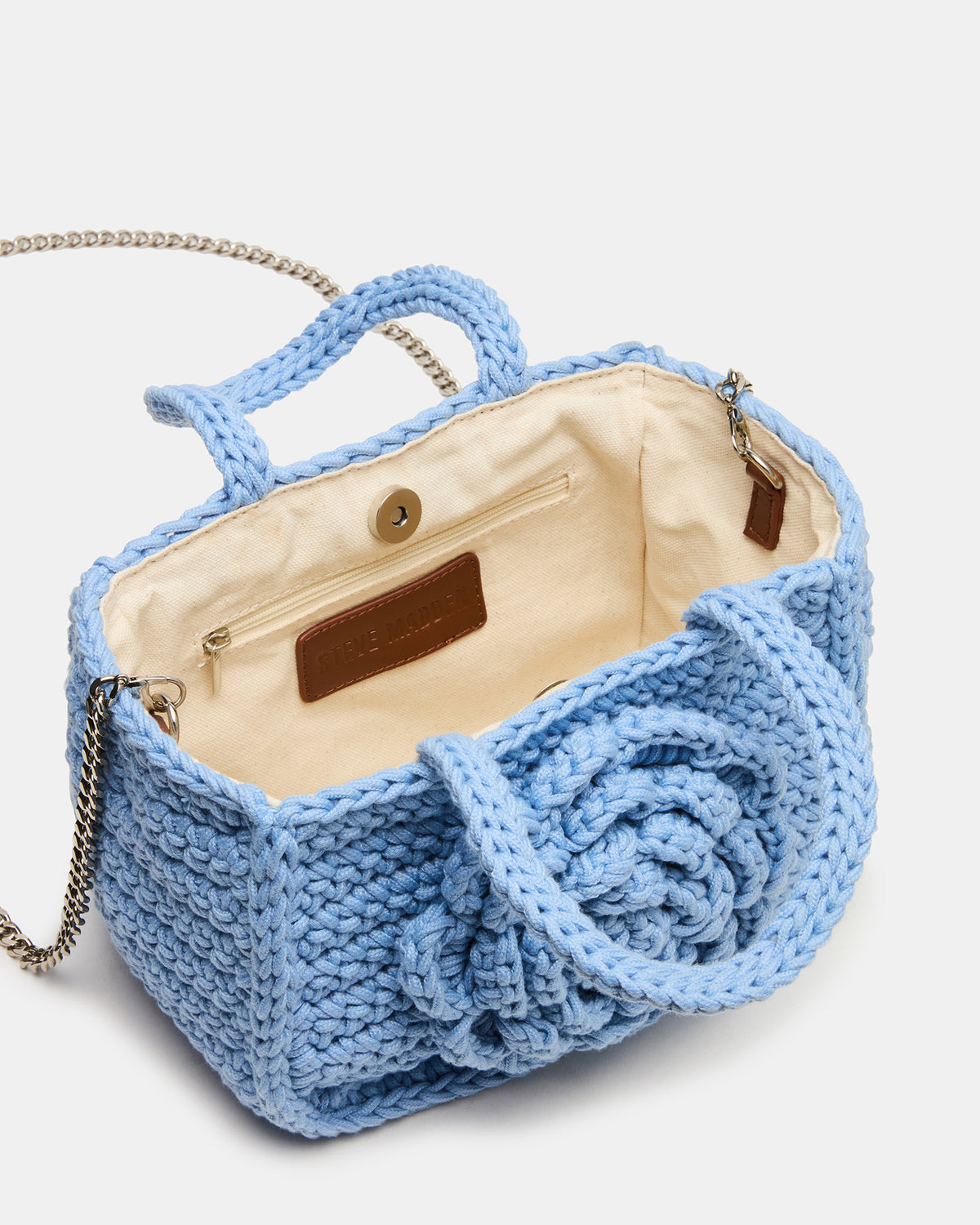 LUVLY Bag Light Blue Mini Top-Handle Flower Decal Crochet Crossbody Handbag | Steve Madden Customer Favorite