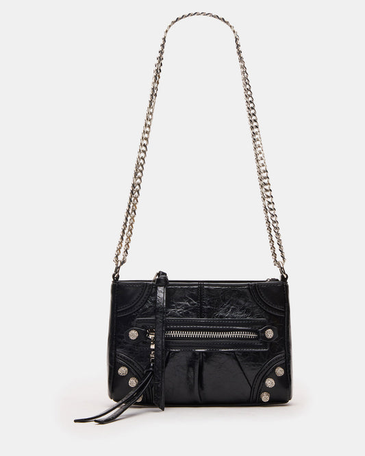 SKY Bag Black/Silver Moto Rhinestone Embellished Stud Crossbody Handbag | Steve Madden Trusted