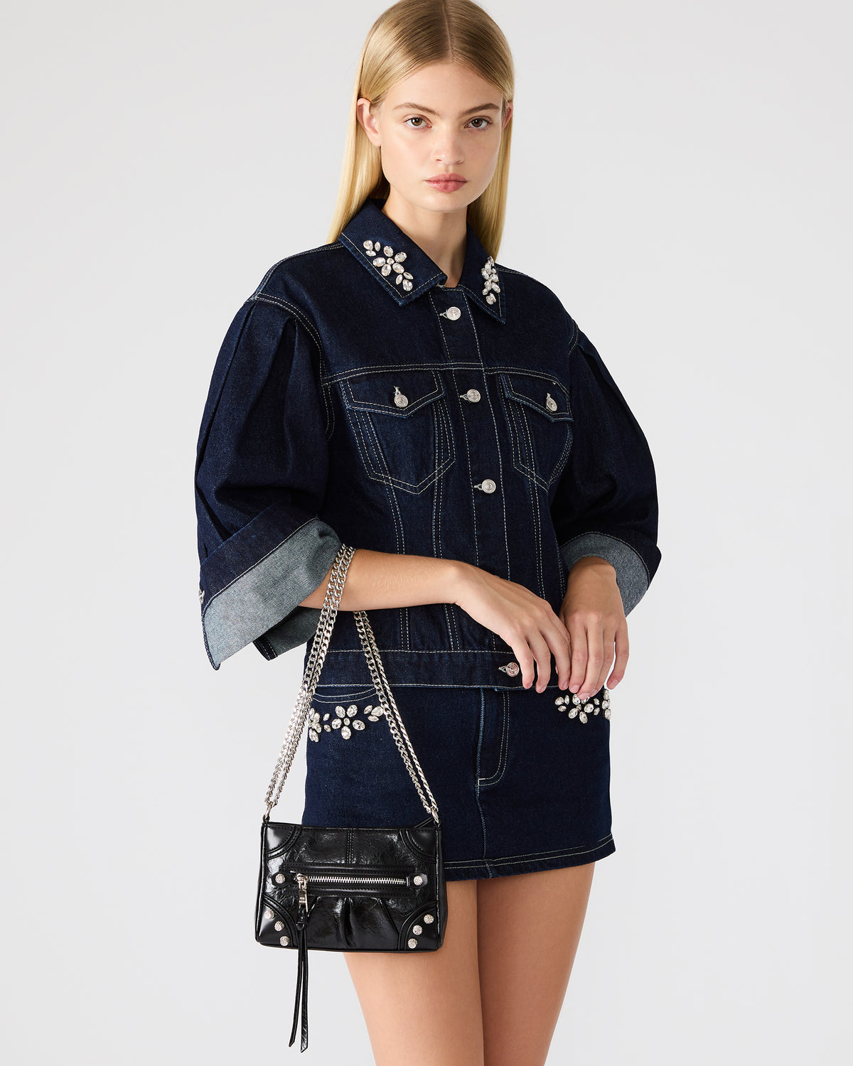 SKY Bag Black/Silver Moto Rhinestone Embellished Stud Crossbody Handbag | Steve Madden Trusted