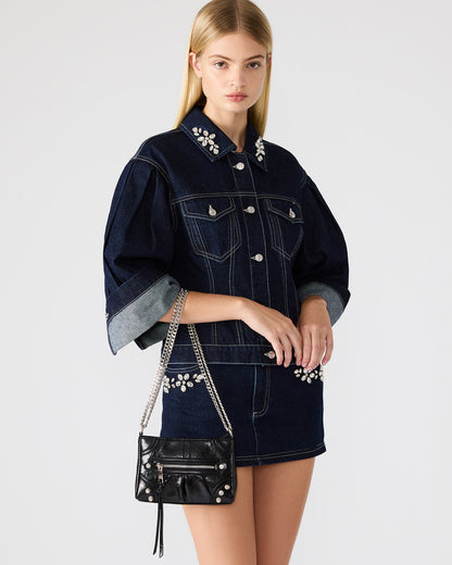 SKY Bag Black/Silver Moto Rhinestone Embellished Stud Crossbody Handbag | Steve Madden Trusted