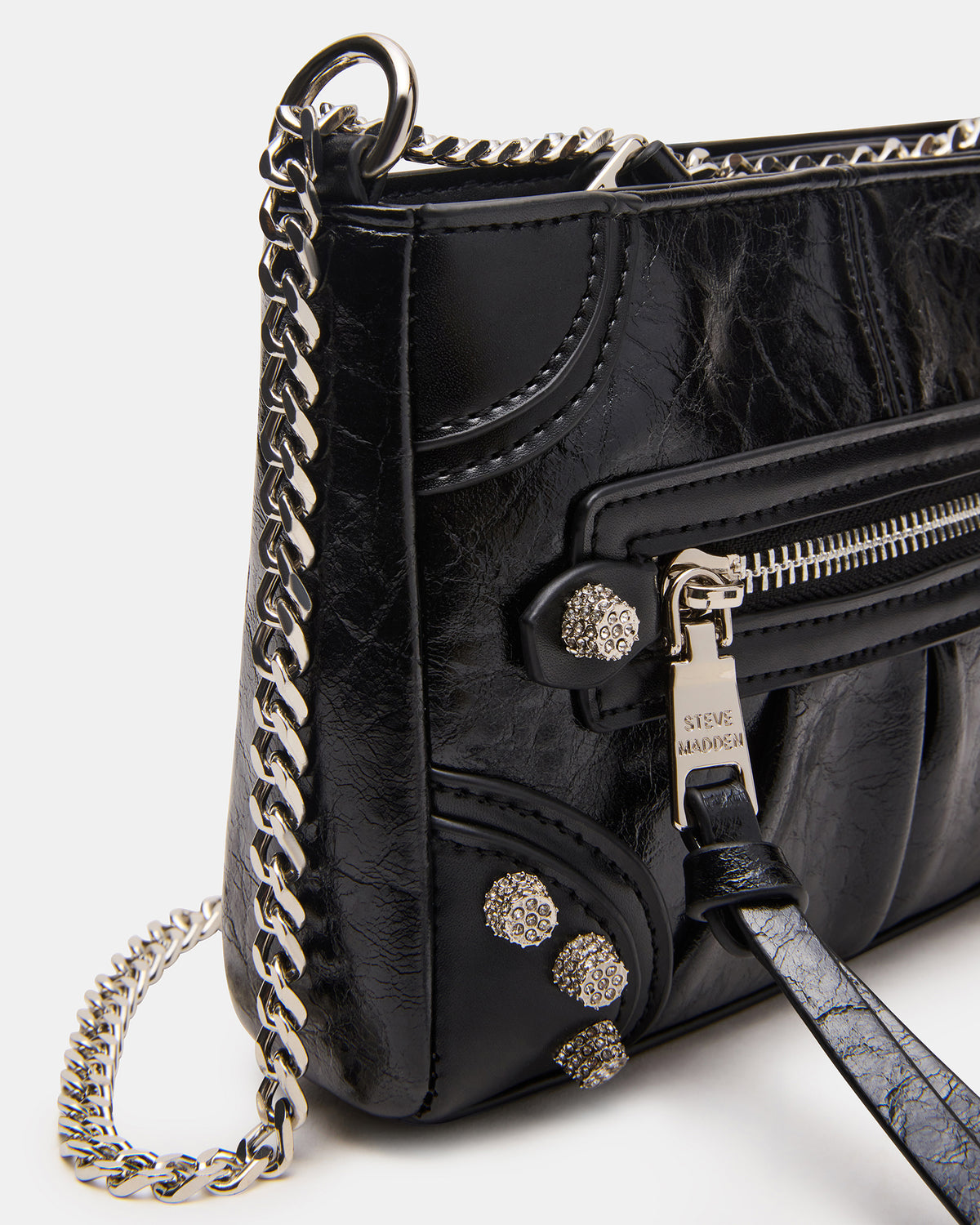 SKY Bag Black/Silver Moto Rhinestone Embellished Stud Crossbody Handbag | Steve Madden Trusted