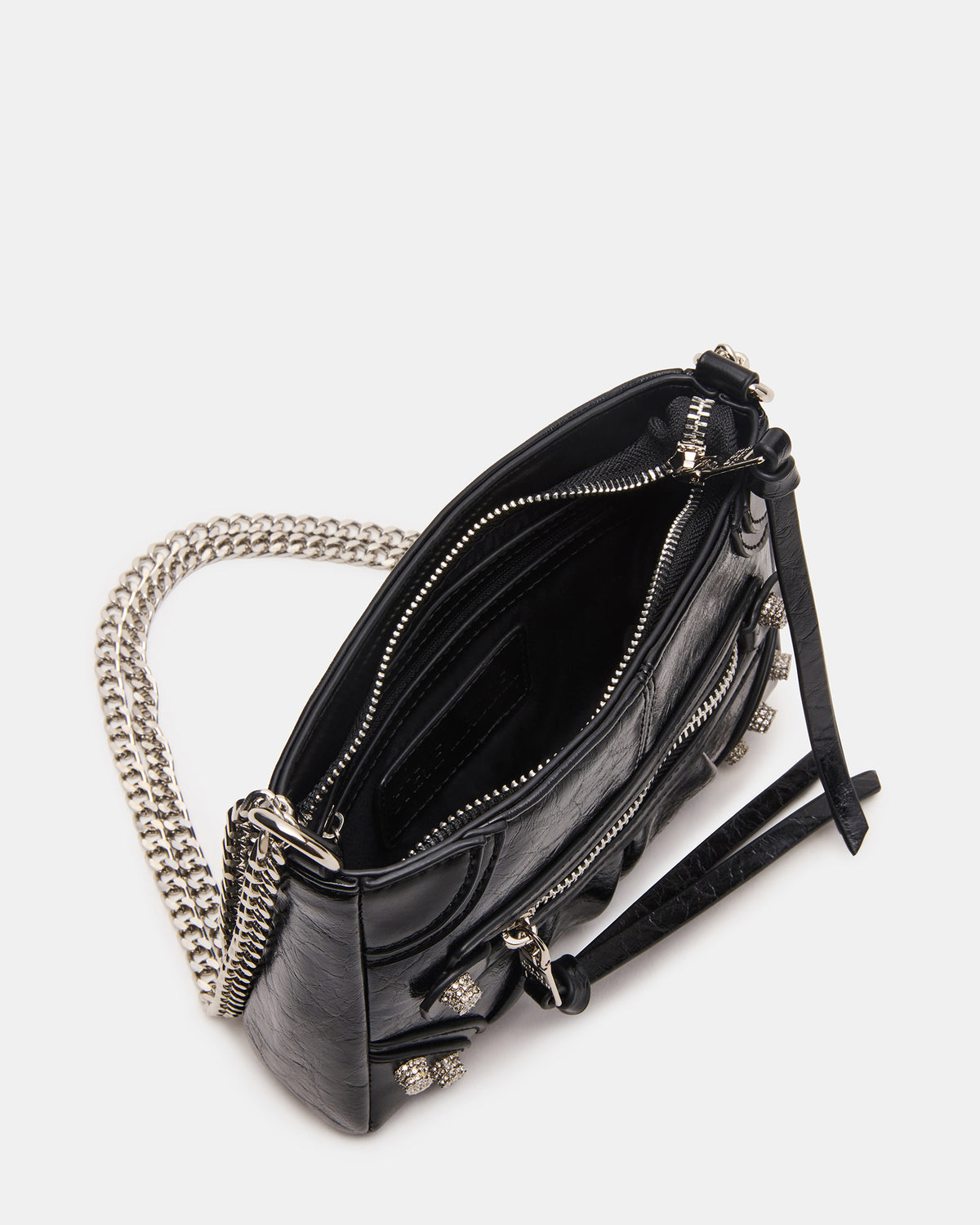 SKY Bag Black/Silver Moto Rhinestone Embellished Stud Crossbody Handbag | Steve Madden Trusted