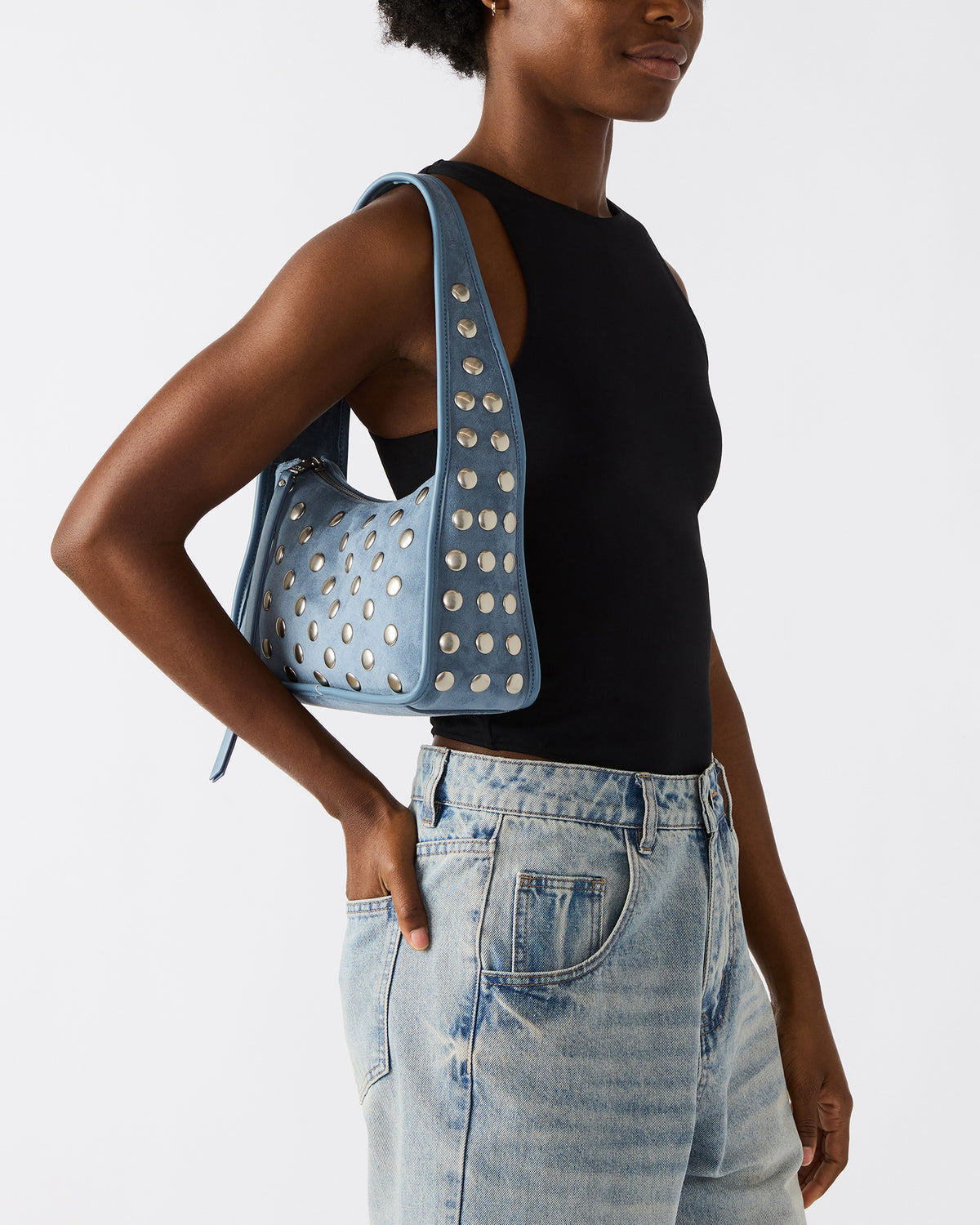 CHEYANN Bag Light Blue Hobo Dome-Studded Shoulder Strap Women's Handbag | Steve Madden Trusted