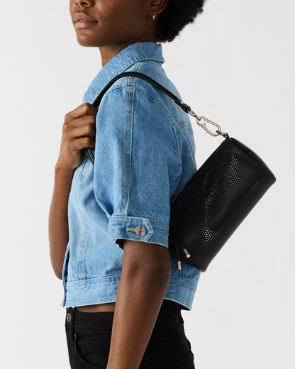 PRIYA Perforated Bag Black Mini Barrel Shoulder Handbag | Steve Madden Trusted