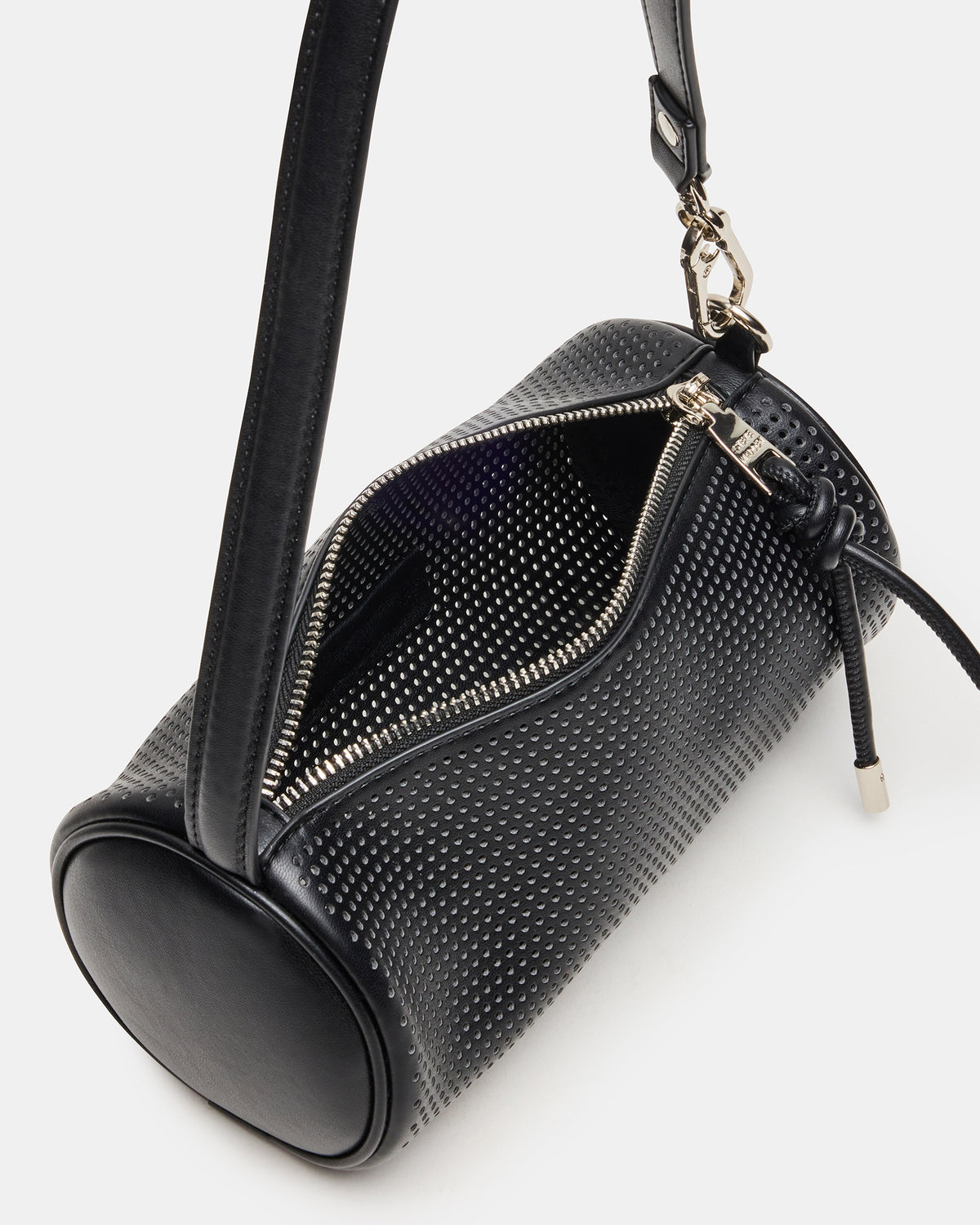 PRIYA Perforated Bag Black Mini Barrel Shoulder Handbag | Steve Madden Trusted