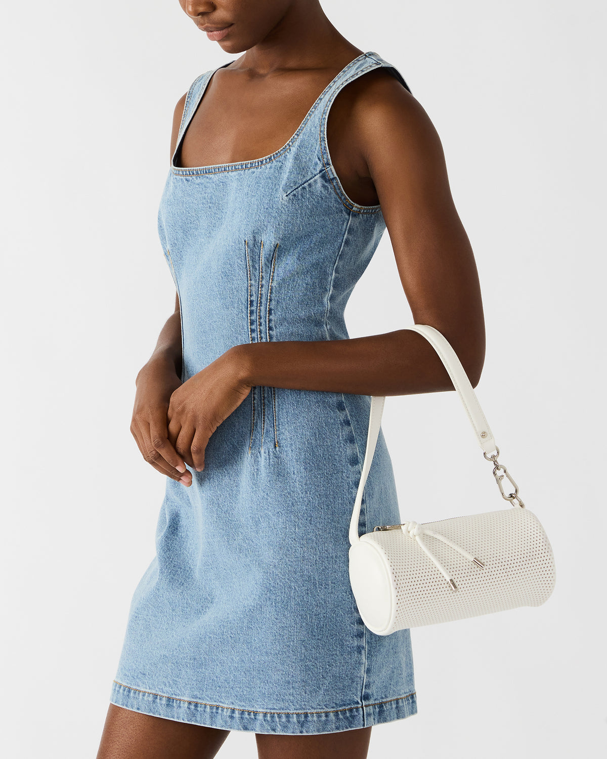 PRIYA Perforated Bag White Mini Barrel Shoulder Handbag | Steve Madden Premium