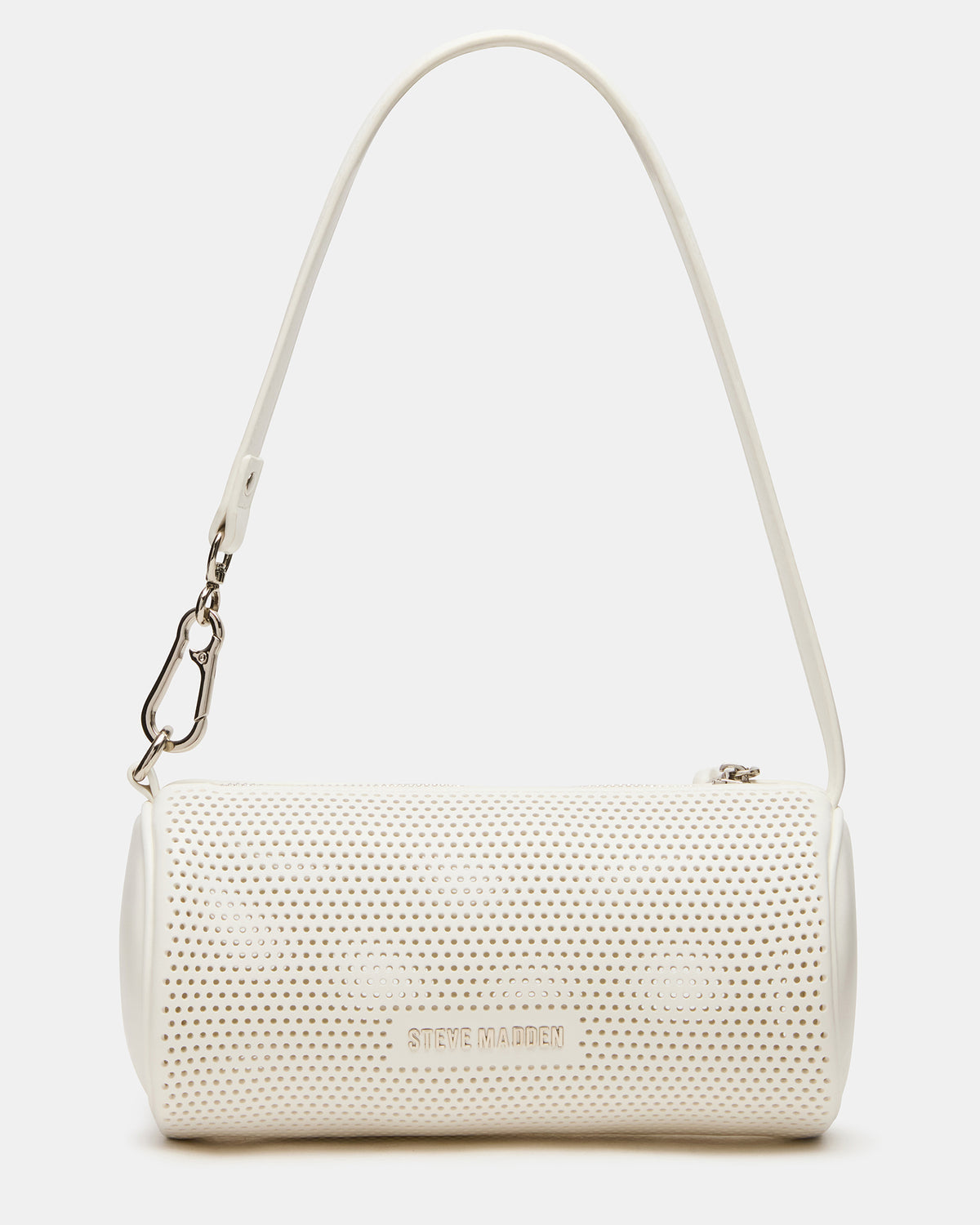PRIYA Perforated Bag White Mini Barrel Shoulder Handbag | Steve Madden Premium