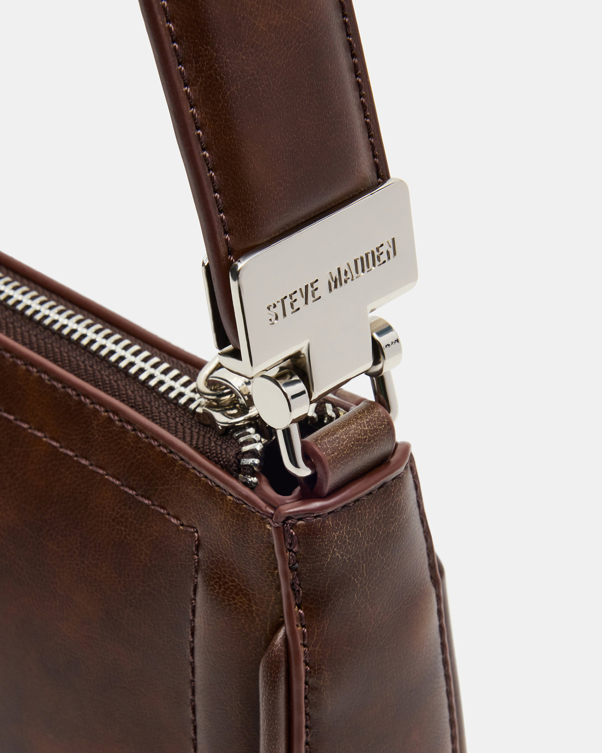 ANGEL Bag Brown Distressed Top-Zipper Structured Shoulder Strap Handbag | Steve Madden Quality