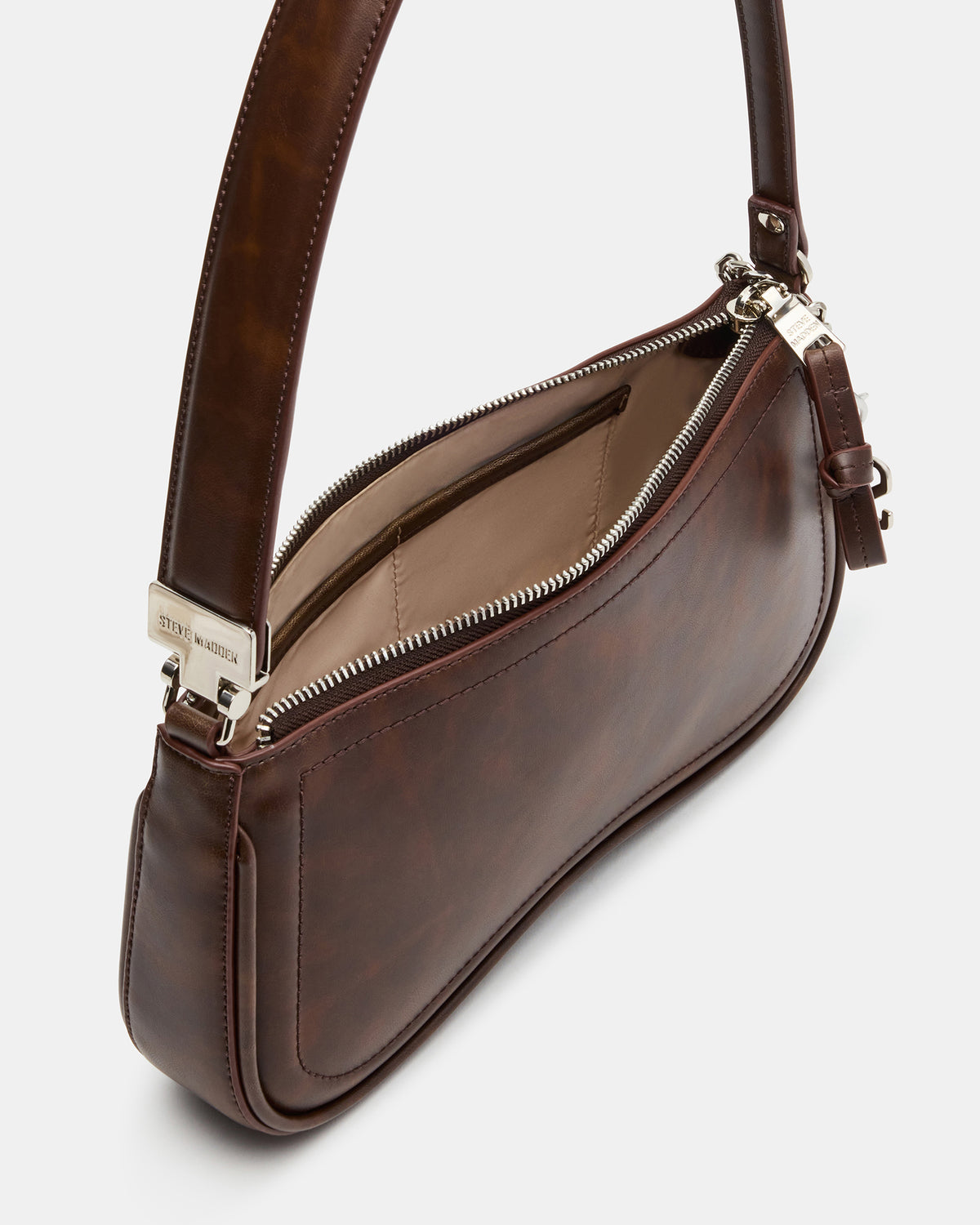 ANGEL Bag Brown Distressed Top-Zipper Structured Shoulder Strap Handbag | Steve Madden Quality