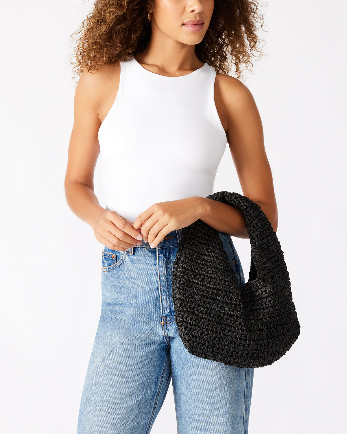 DAENRYS Black Women's Crescent Shaped Straw Shoulder Bag | Steve Madden Signature