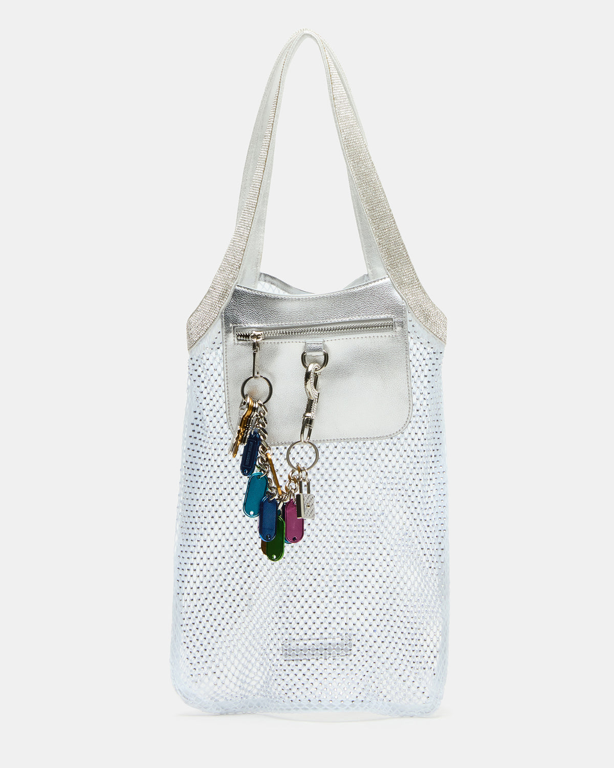 MAKIA White Women's Crystal Rhinestone Shoulder Strap Net Tote Handbag | Steve Madden Latest