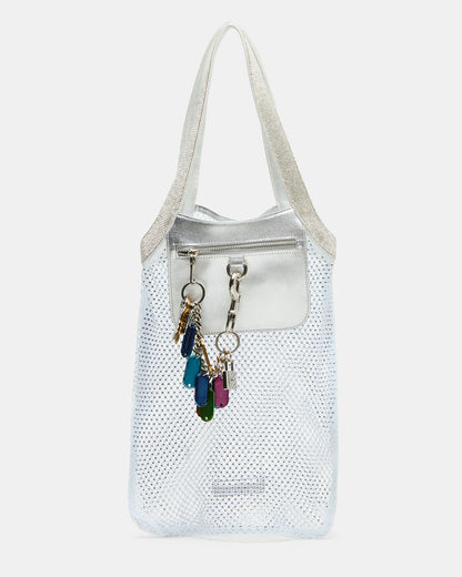 MAKIA White Women's Crystal Rhinestone Shoulder Strap Net Tote Handbag | Steve Madden Latest