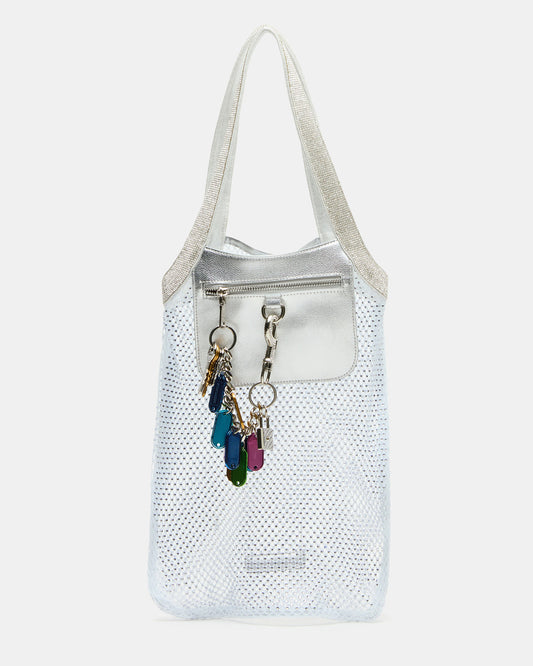 MAKIA White Women's Crystal Rhinestone Shoulder Strap Net Tote Handbag | Steve Madden Latest
