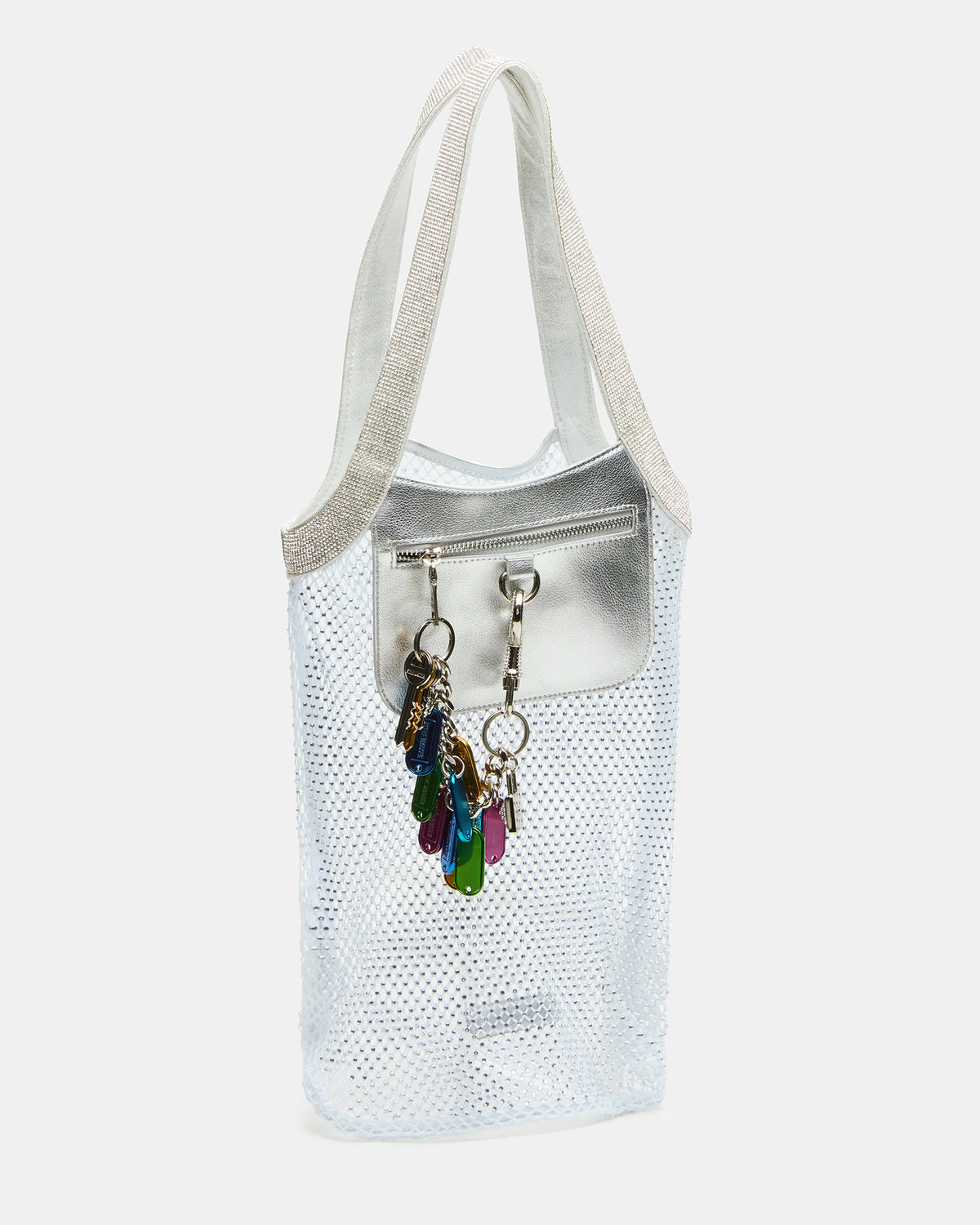 MAKIA White Women's Crystal Rhinestone Shoulder Strap Net Tote Handbag | Steve Madden Latest