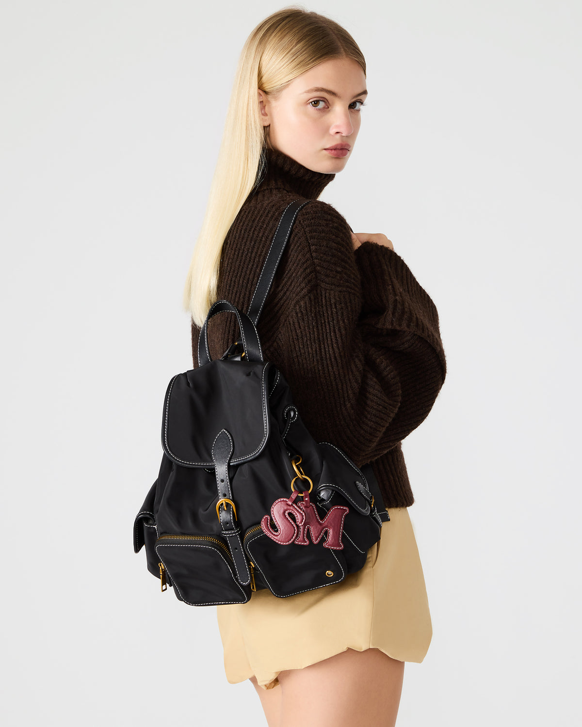 STUDIO Bag Black Nylon Cargo Pocket Drawstring Women's Backpack Handbag | Steve Madden Best Seller