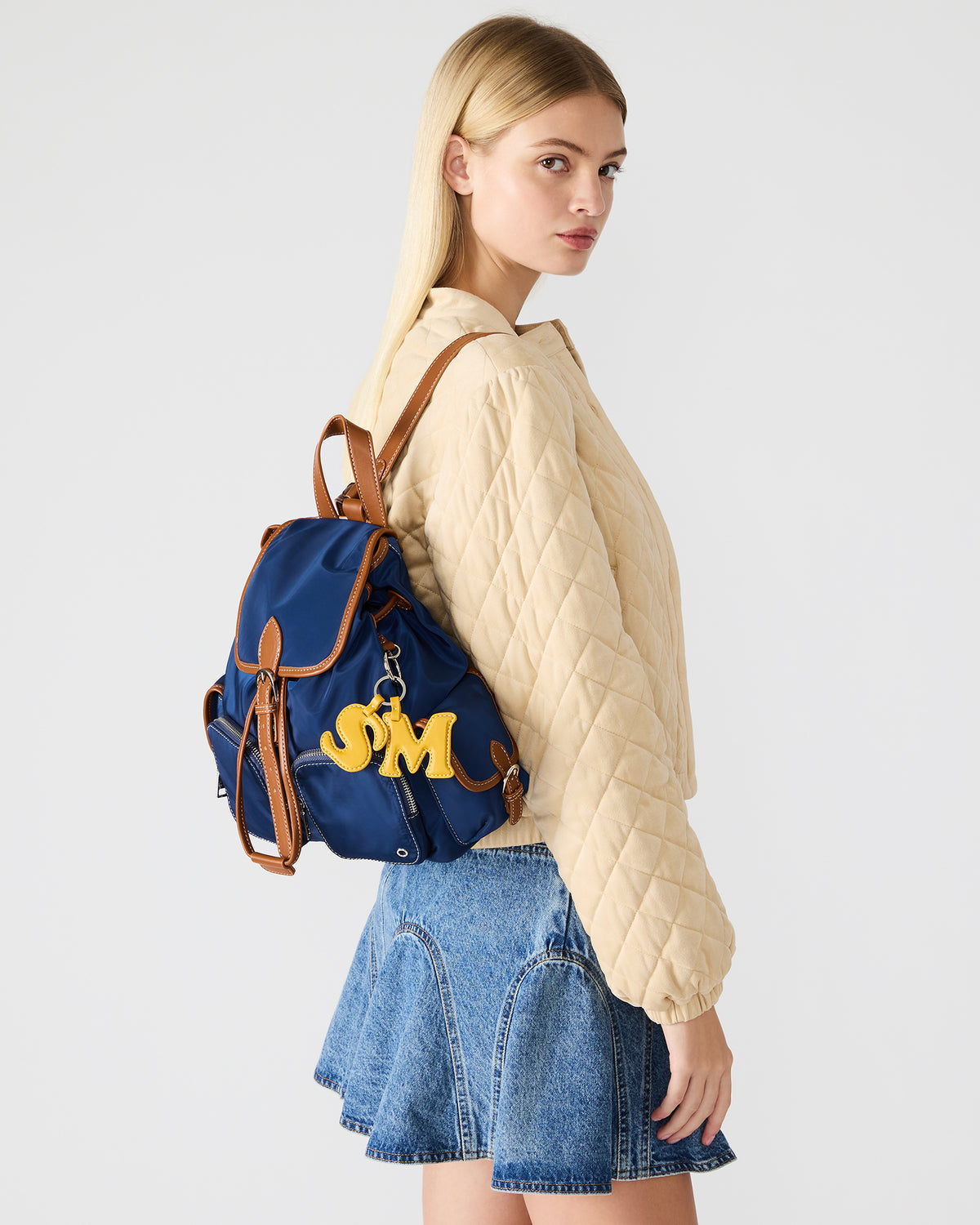 STUDIO Bag Navy Nylon Cargo Pocket Drawstring Women's Backpack Handbag | Steve Madden Signature