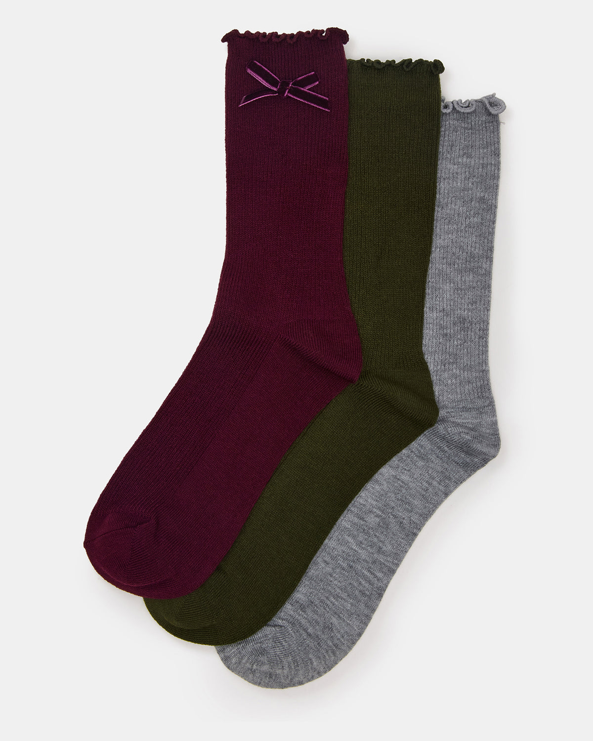 3 PACK FOLLY VELVET BOW RIB CREW SOCKS CHERRY Women's Lettuce Edge Delicate Bow Socks | Steve Madden Premium