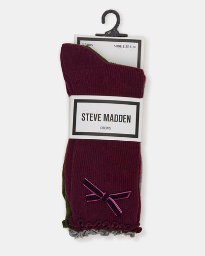 3 PACK FOLLY VELVET BOW RIB CREW SOCKS CHERRY Women's Lettuce Edge Delicate Bow Socks | Steve Madden Premium