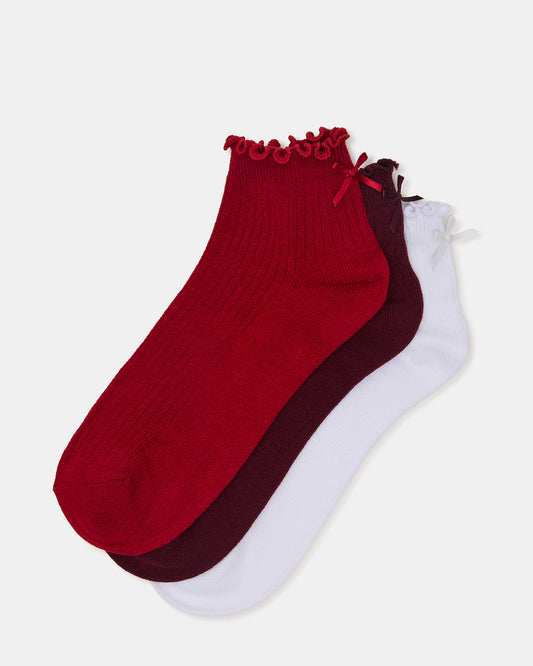 3 PACK MELODY LETTUCE EDGE BOW SOCKS RED MULTI Women's Bow Anklet Socks | Steve Madden Best Seller