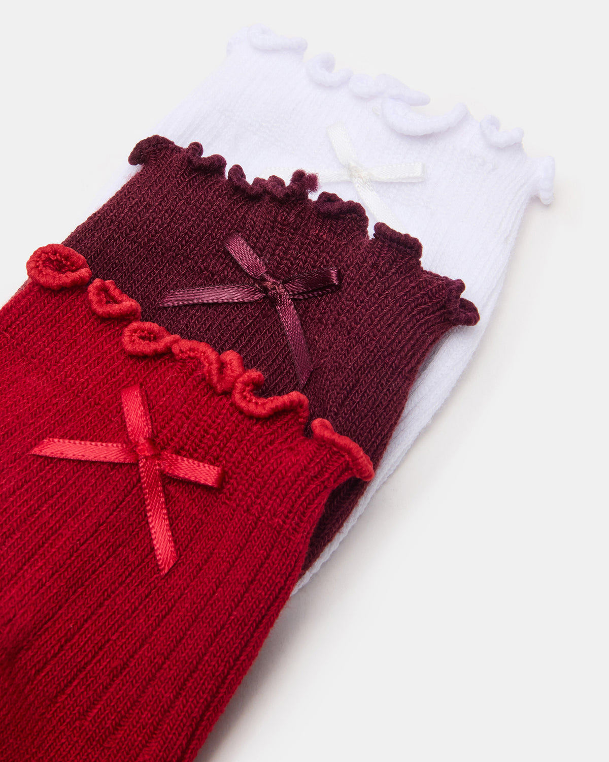 3 PACK MELODY LETTUCE EDGE BOW SOCKS RED MULTI Women's Bow Anklet Socks | Steve Madden Best Seller