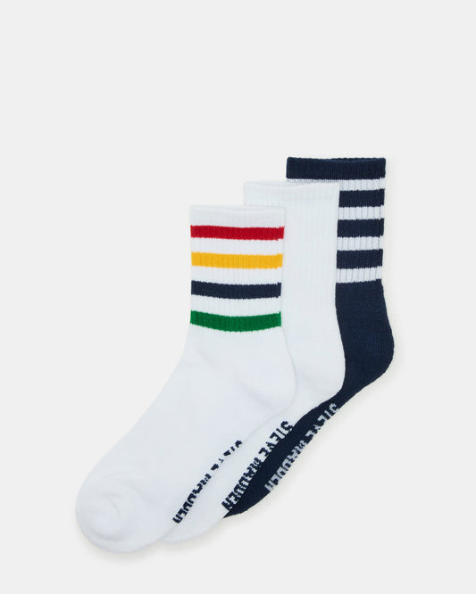 3 Pack Striped Crew Socks Women's White Multi | Steve Madden Top Pick