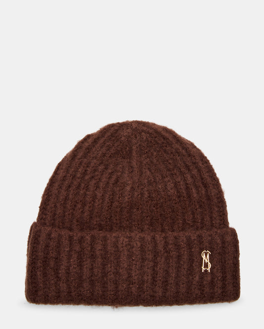 LOGO BEANIE Dark Brown Fuzzy RIbbed Knit Women's Beanie | Steve Madden Deals