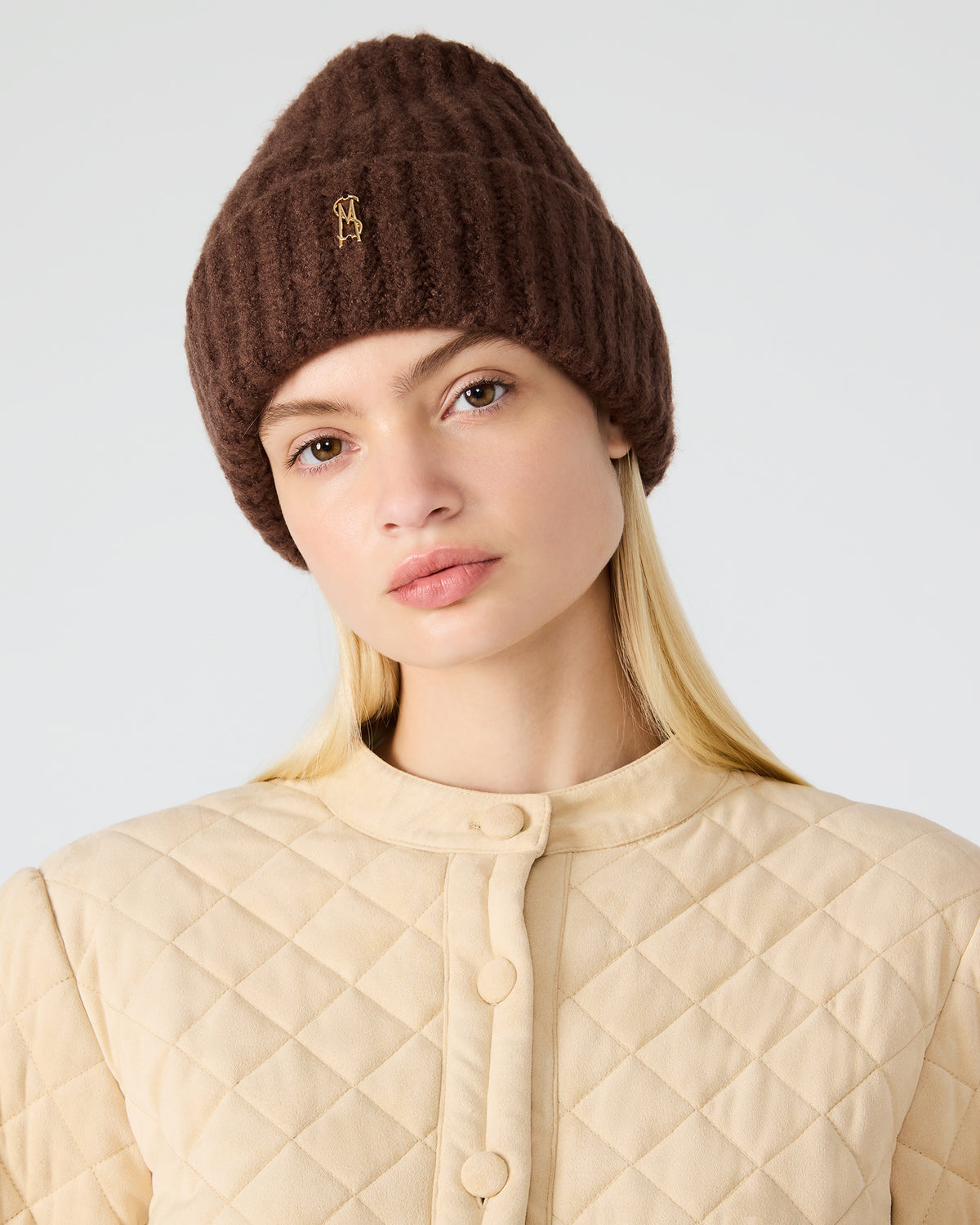 LOGO BEANIE Dark Brown Fuzzy RIbbed Knit Women's Beanie | Steve Madden Deals
