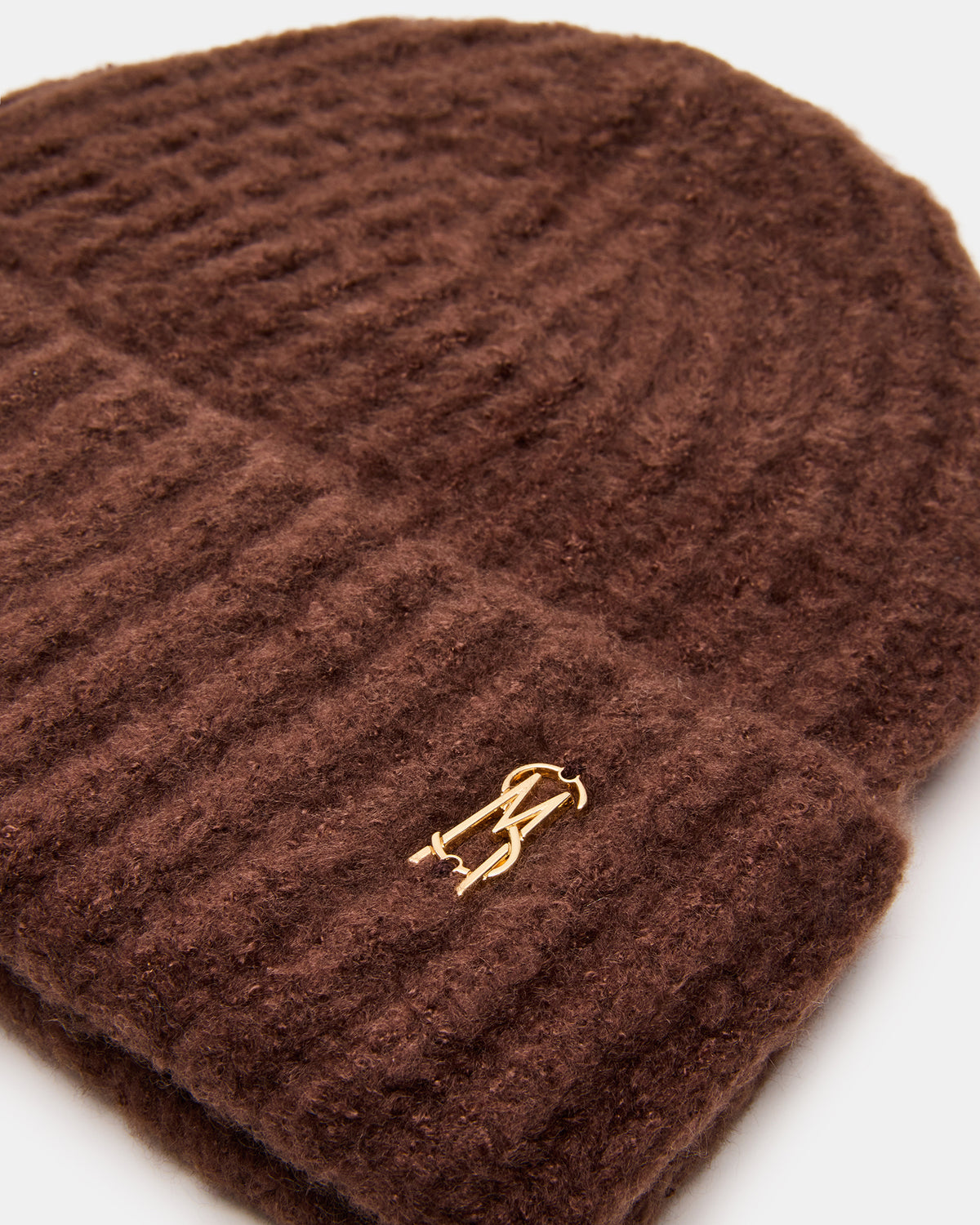LOGO BEANIE Dark Brown Fuzzy RIbbed Knit Women's Beanie | Steve Madden Deals