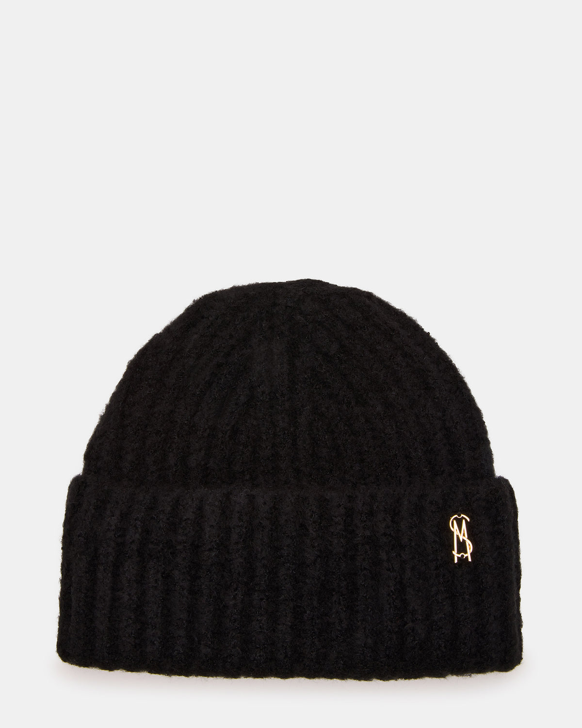 LOGO BEANIE Black Fuzzy RIbbed Knit Women's Beanie | Steve Madden Smart Buy