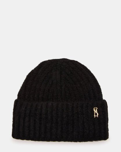 LOGO BEANIE Black Fuzzy RIbbed Knit Women's Beanie | Steve Madden Smart Buy