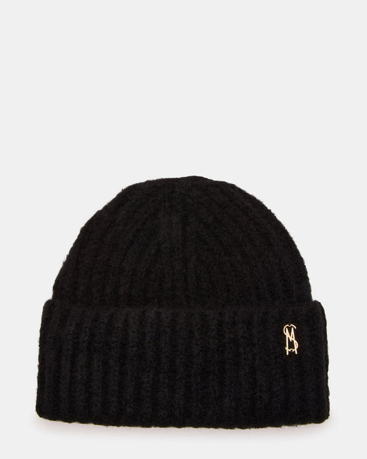 LOGO BEANIE Black Fuzzy RIbbed Knit Women's Beanie | Steve Madden Smart Buy